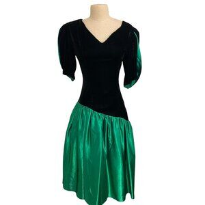 Vintage Pantages Black Velvet and Green Satin Puff Sleeve Dress V-Neck